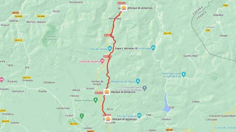 Mapa de la etapa de Berroeta a Olagüe - Camino de Santiago Baztanés :: Guía del Camino de Santiago