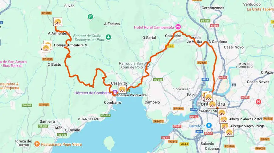Mapa de la etapa de Pontevedra a A Armenteira de la Variante Espiritual del Camino Portugués por la Costa :: Guía del Camino de Santiago Mapa de la etapa de Pontevedra a A Armenteira de la Variante Espiritual del Camino Portugués por la Costa :: Guía del Camino de Santiago