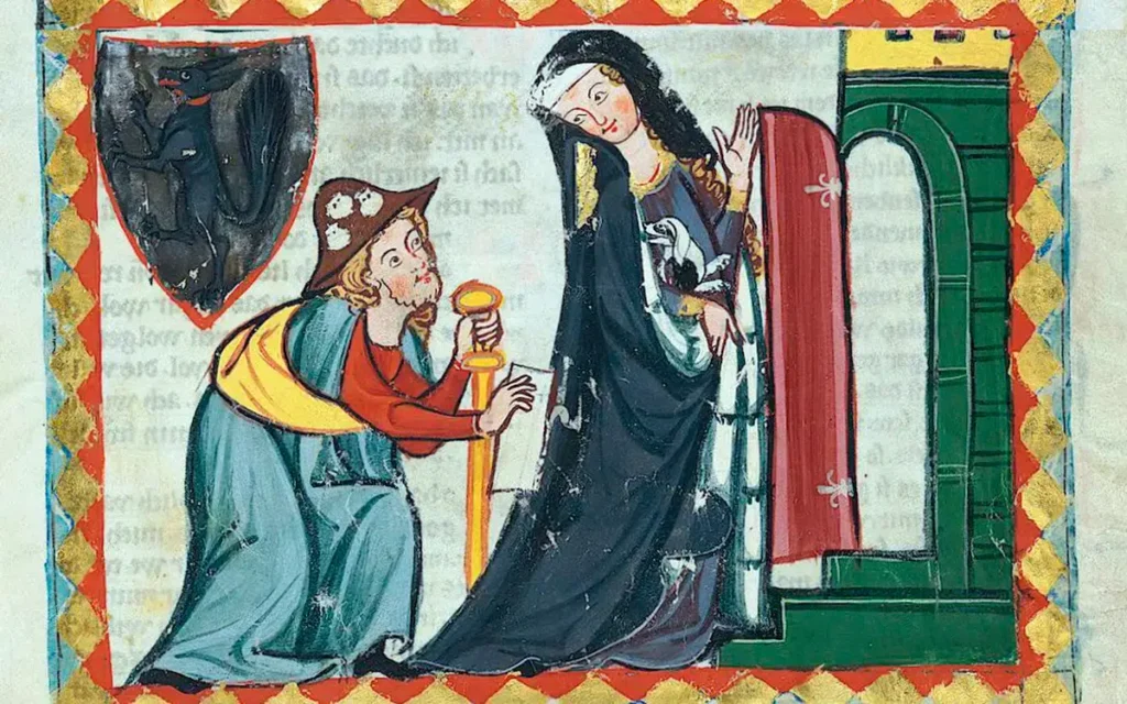 Un peregrino poeta demandando hospitalidad | Ilustración del siglo XV, del Códice Manesse/ Heidelberg, Universitätsbibliothek Heidelberg