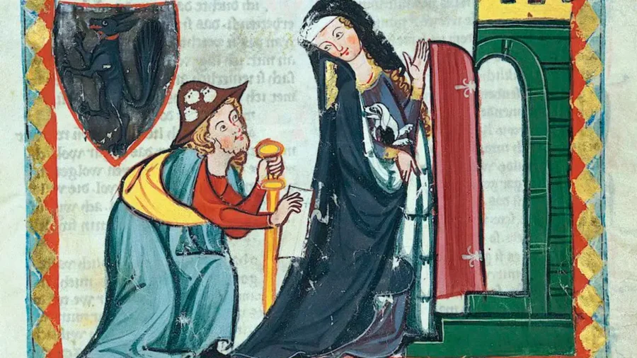 Un peregrino poeta demandando hospitalidad | Ilustración del siglo XV, del Códice Manesse/ Heidelberg, Universitätsbibliothek Heidelberg