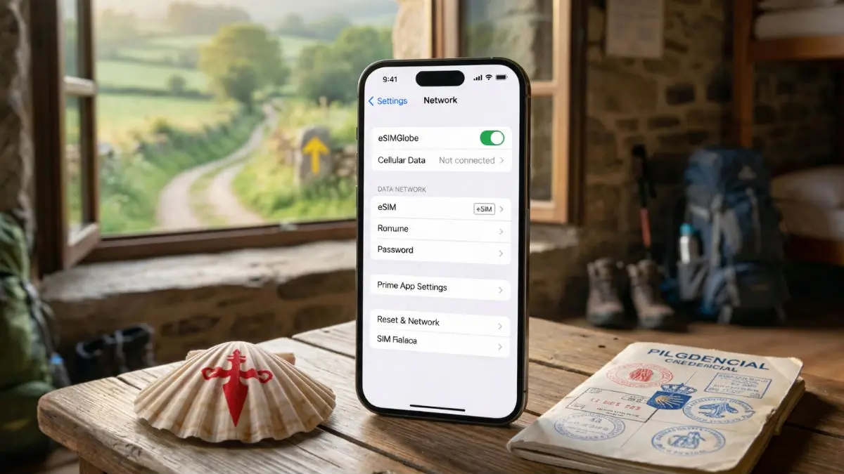 Smartphone con eSIM eSIMGlobe junto a credencial de peregrino y concha de vieira en el Camino de Santiago
