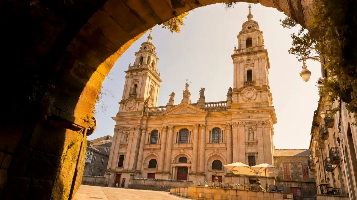 Vista de la portada y torres de la Catedral de Lugo, Galicia :: Guía del Camino Primitivo
