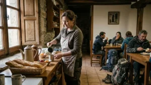 Peregrinos desayunando en un albergue del Camino de Santiago.