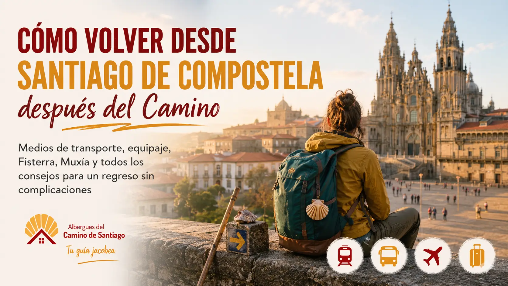 Peregrina descansando frente a la Catedral de Santiago de Compostela pensando cómo volver a casa tras el Camino.