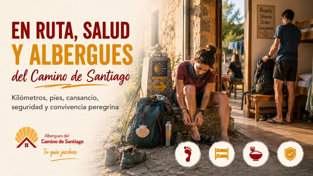 Peregrina cuidándose los pies junto a un albergue del Camino de Santiago