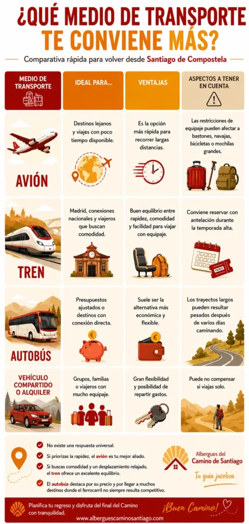 Infografia con comparación de medios de transporte para volver a casa tras terminar el Camino Infografia comparativa de medios de transporte para volver desde Santiago de Compostela
