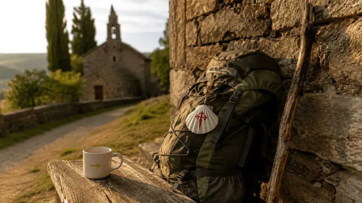 Taza junto a una mochila de peregrino con concha del Camino de Santiago