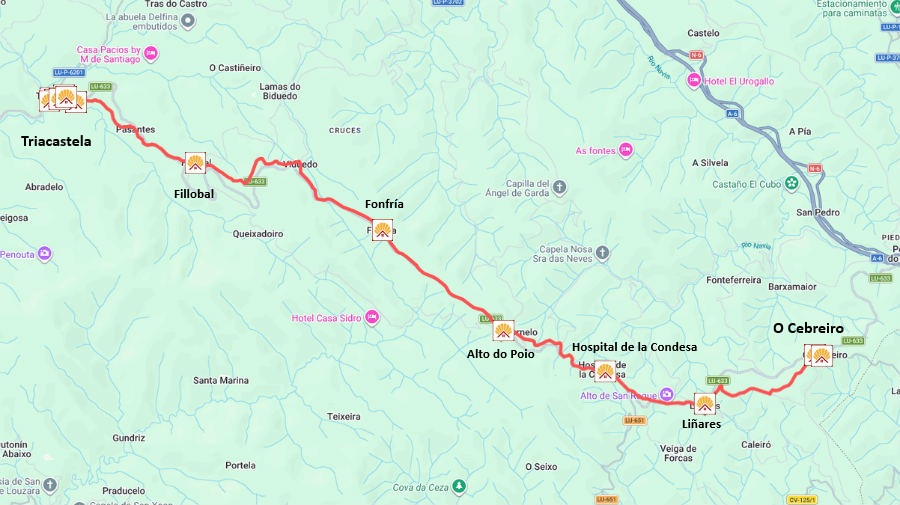 Mapa de la etapa O Cebreiro → Triacastela - Camino Francés Mapa de la etapa O Cebreiro a Triacastela del Camino Francés