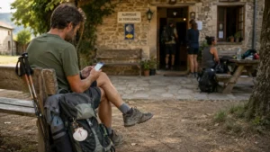 Peregrino consultando el móvil junto a un albergue del Camino de Santiago