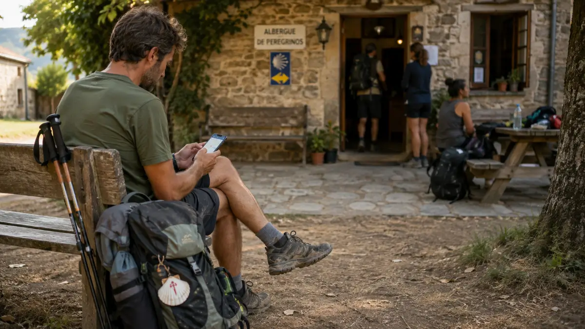 Peregrino consultando el móvil junto a un albergue del Camino de Santiago