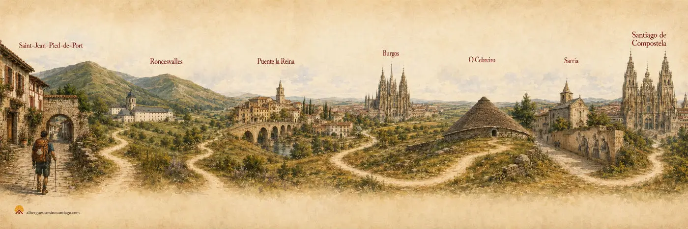 Ilustración panorámica del Camino Francés desde Saint-Jean-Pied-de-Port hasta Santiago de Compostela
