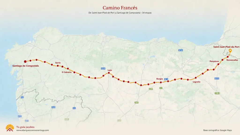 Mapa completo del Camino Francés: 34 etapas hasta Santiago Mapa del Camino Francés desde Saint-Jean-Pied-de-Port hasta Santiago de Compostela con sus 34 etapas