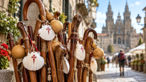 Bordones de peregrino con vieiras frente a la Catedral de Santiago
