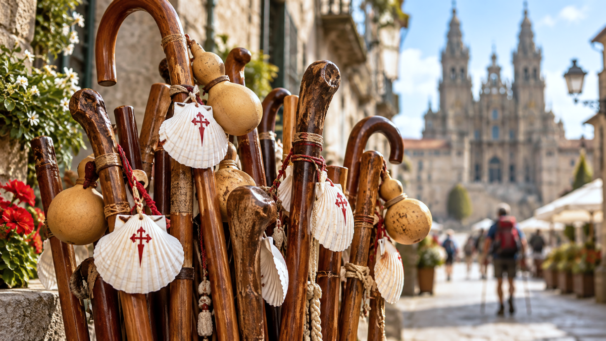 Bordones de peregrino con vieiras frente a la Catedral de Santiago