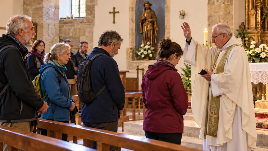 Sacerdote bendiciendo a varios peregrinos en el interior de una iglesia del Camino de Santiago