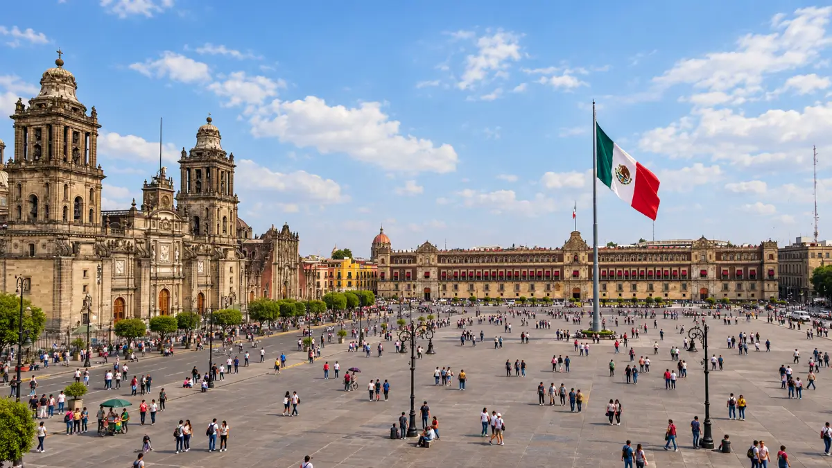 Zócalo de Ciudad de México con la bandera mexicana y la Catedral Metropolitana