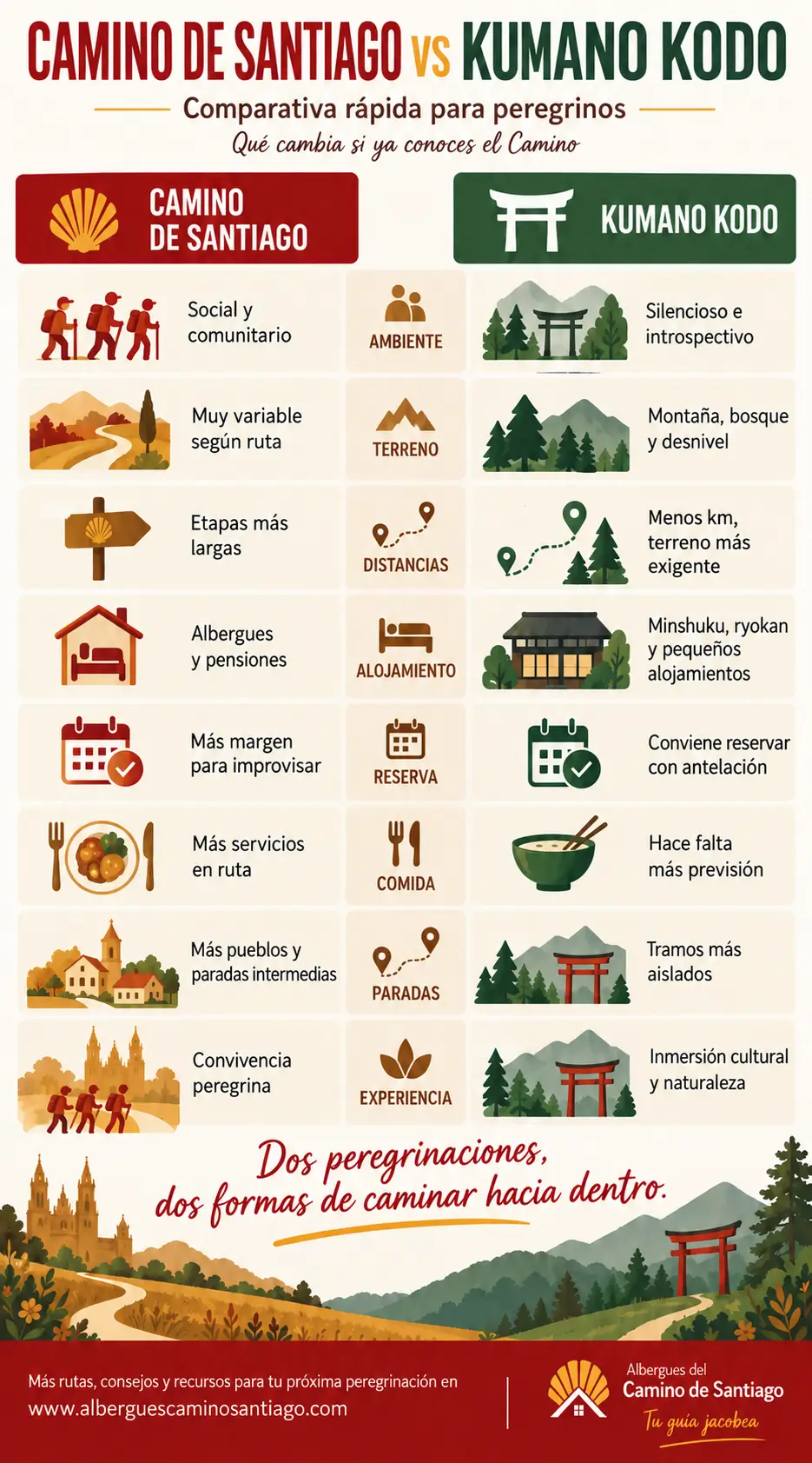 Infografía comparativa entre el Camino de Santiago y el Kumano Kodo