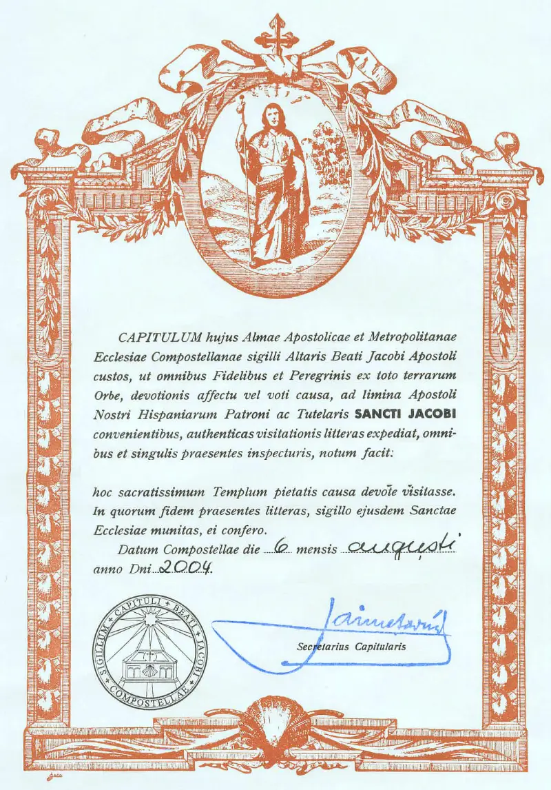 Compostela del Camino de Santiago, certificado entregado a los peregrinos