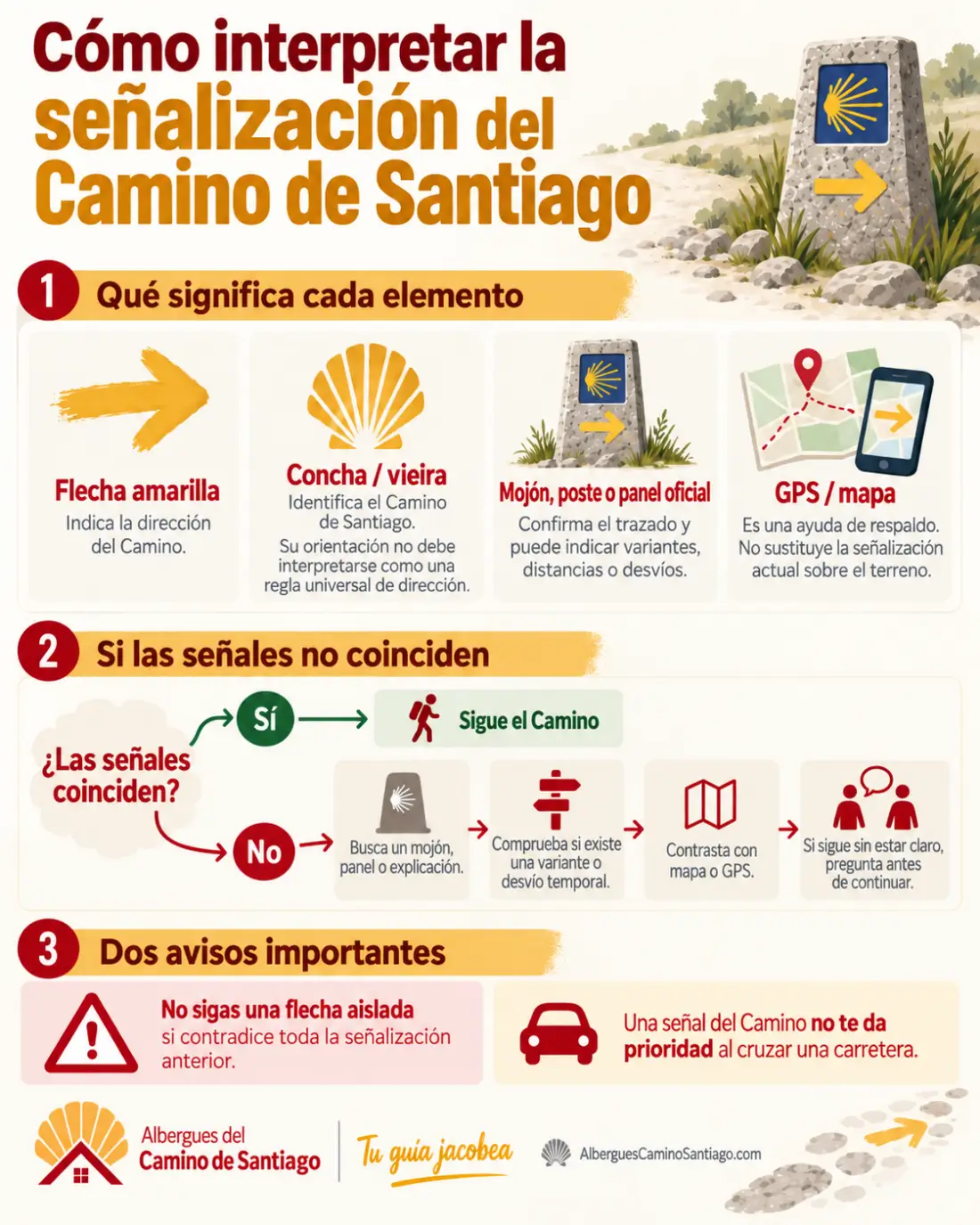 Infografía sobre flechas, vieiras, mojones y señalización del Camino de Santiago