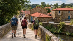 Tres peregrinos cruzando el puente de Ribadiso da Baixo mientras uno consulta el móvil en el Camino de Santiago