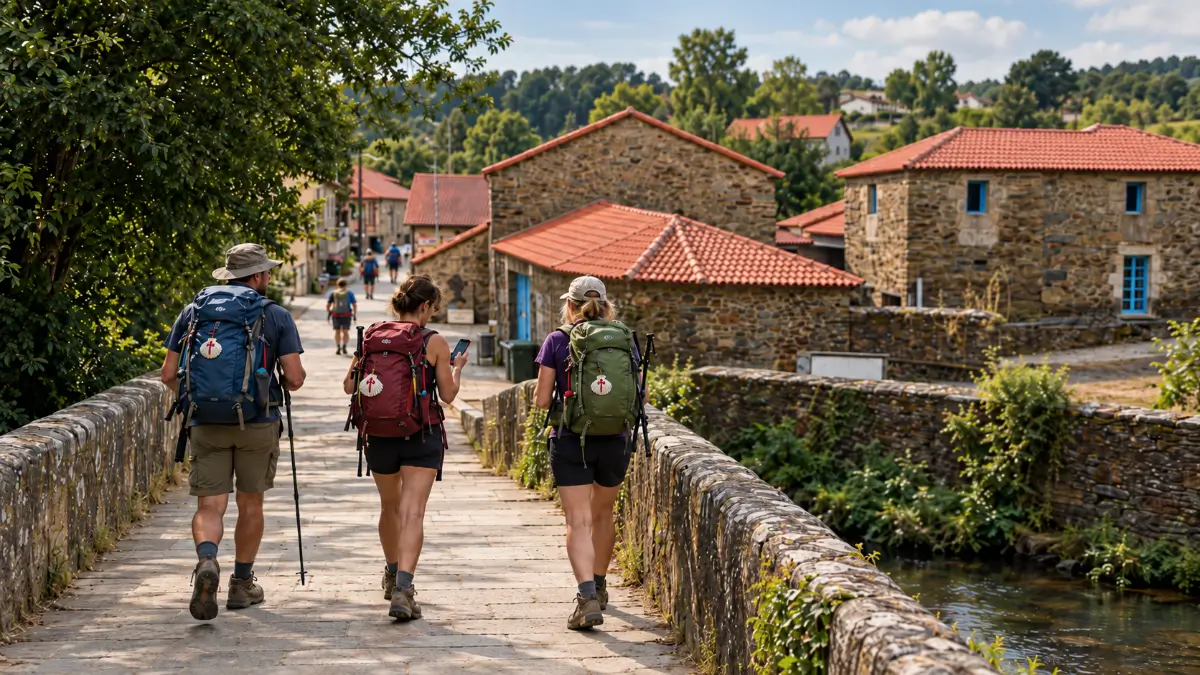 Tres peregrinos cruzando el puente de Ribadiso da Baixo mientras uno consulta el móvil en el Camino de Santiago