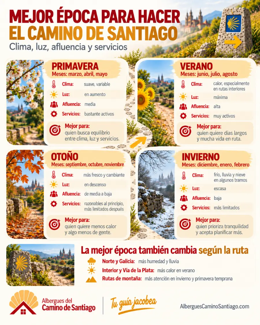 Mejor época para hacer el Camino de Santiago Infografía sobre la mejor época para hacer el Camino de Santiago según estación, clima, luz, afluencia y servicios