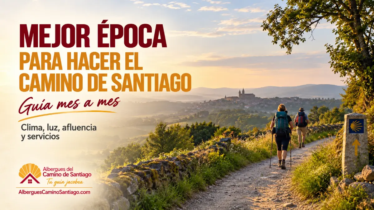 Peregrinos caminando por el Camino de Santiago al atardecer junto a un mojón jacobeo