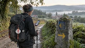 Peregrina consultando el móvil junto a un mojón del Camino de Santiago