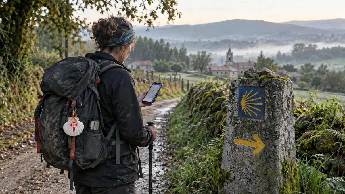 Peregrina consultando el móvil junto a un mojón del Camino de Santiago