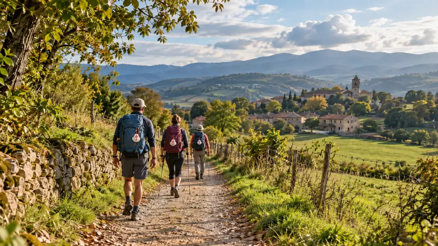 Peregrinos caminando por una ruta rural del Camino de Santiago