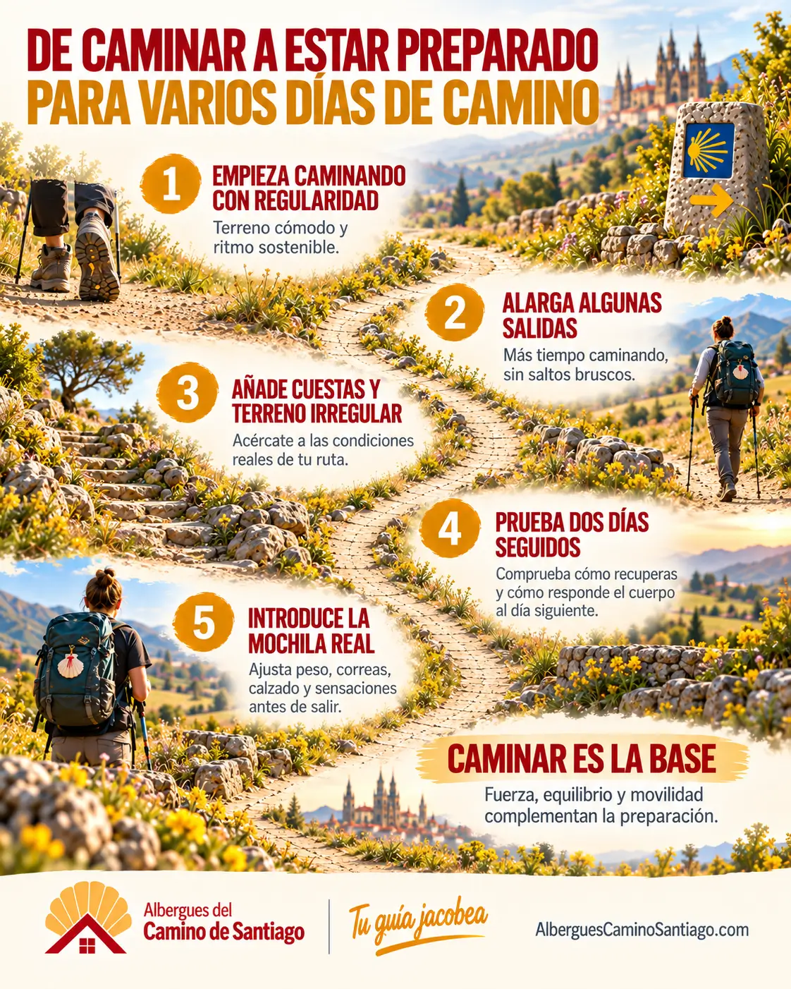 Cómo prepararse físicamente para el Camino de Santiago: progresión Infografía sobre cómo progresar físicamente para hacer el Camino de Santiago