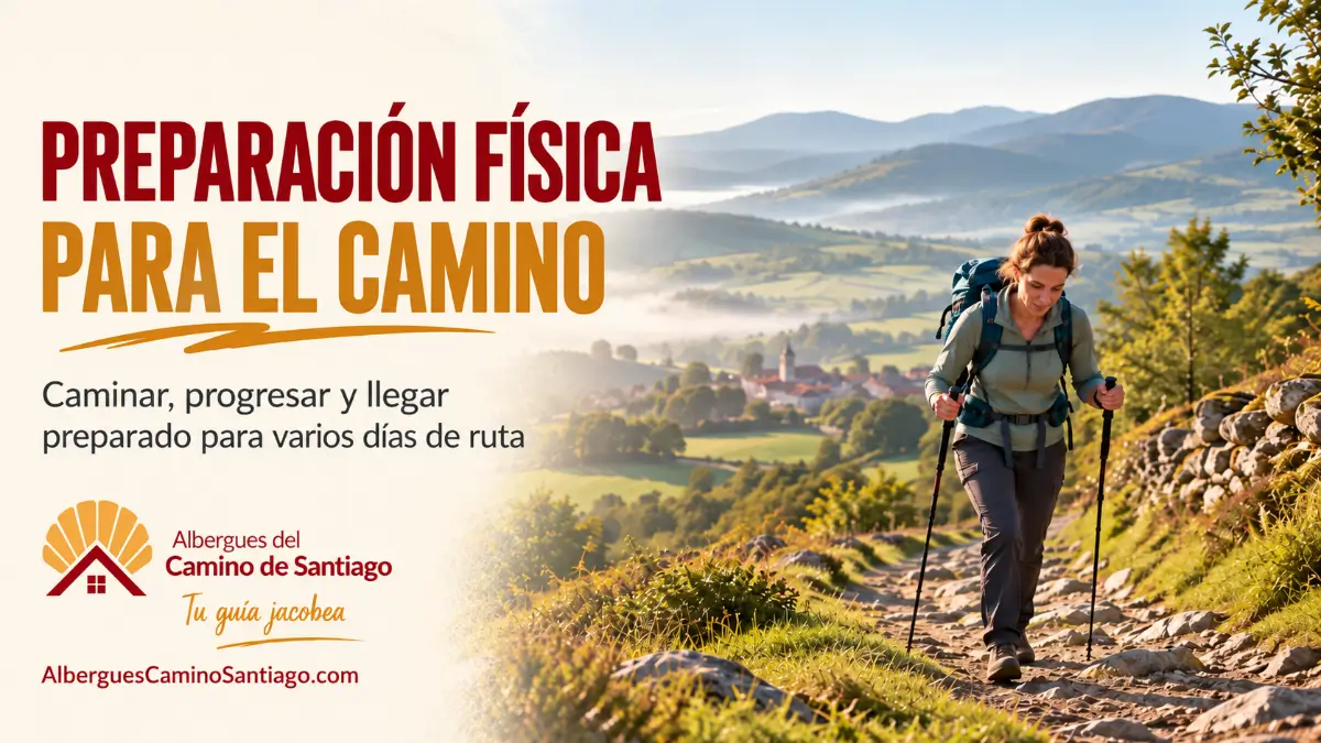 Peregrina entrenando con mochila y bastones en un sendero de montaña para preparar el Camino de Santiago