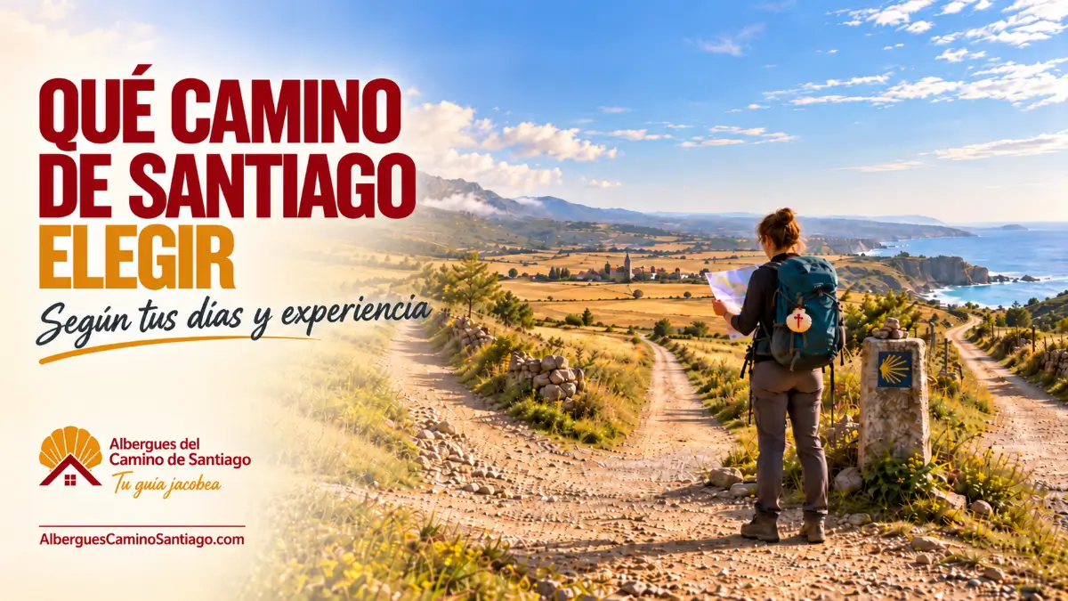Peregrina consultando un mapa ante tres caminos con montaña, llanura y costa