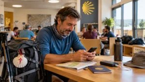 Peregrino usando el móvil en la zona común de un albergue del Camino de Santiago