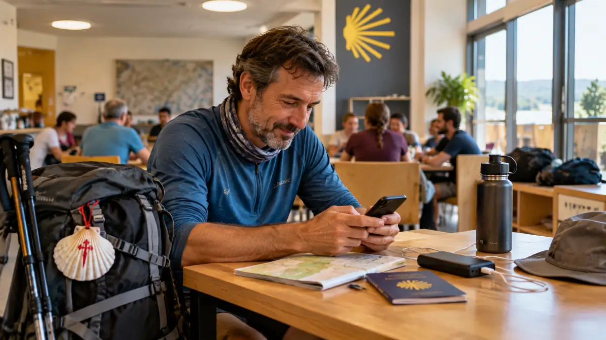 Peregrino usando el móvil en la zona común de un albergue del Camino de Santiago