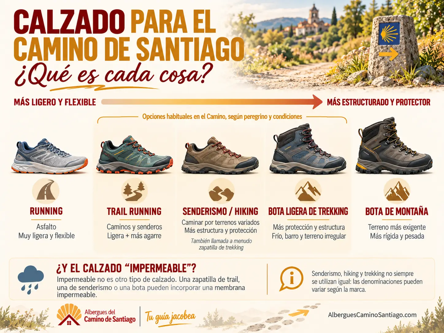 Tipos de calzado para el Camino de Santiago Diferencias entre zapatillas de running, trail, senderismo y botas de trekking y montaña