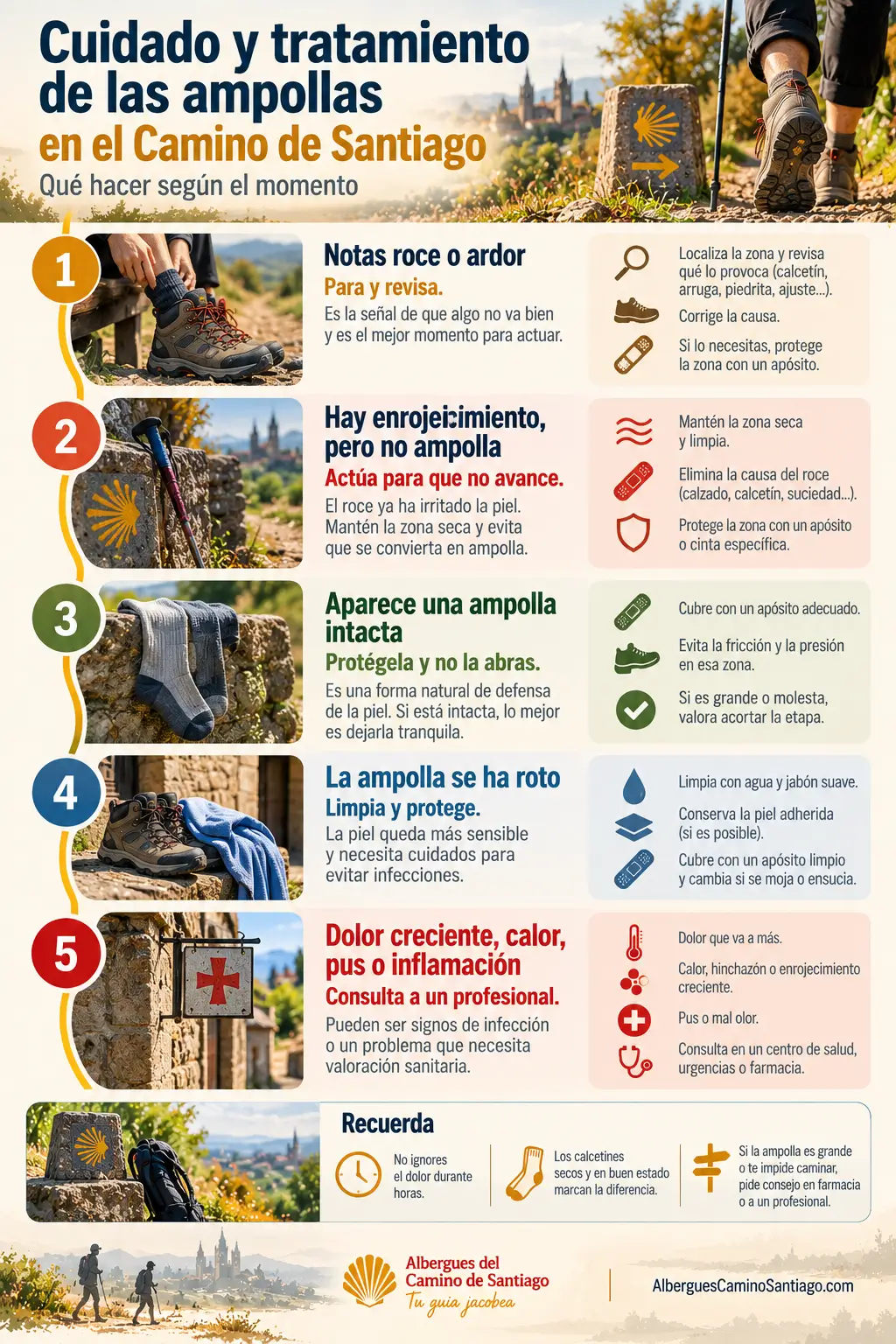 Cuidado y tratamiento de las ampollas en el Camino de Santiago Infografía sobre cómo actuar ante rozaduras y ampollas en el Camino de Santiago