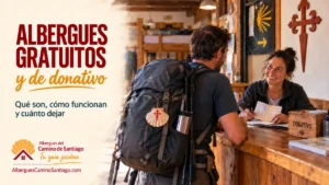 Peregrino registrándose en un albergue del Camino de Santiago con una hospitalera, en una cabecera sobre albergues gratuitos y de donativo