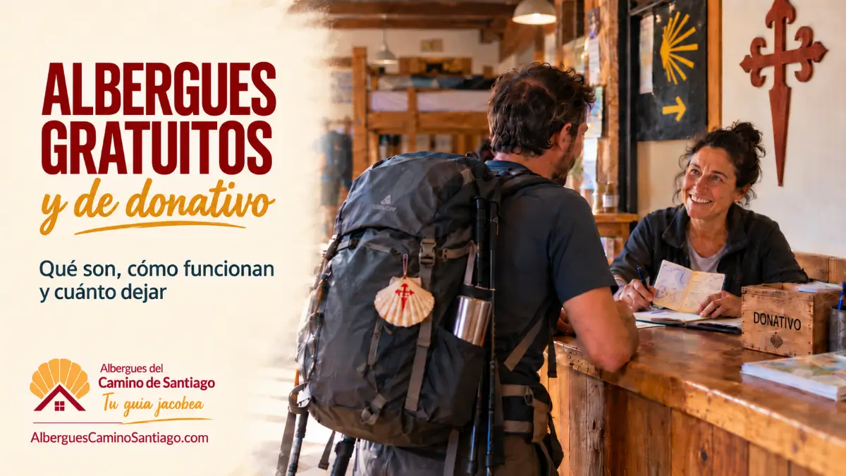 Peregrino registrándose en un albergue del Camino de Santiago con una hospitalera, en una cabecera sobre albergues gratuitos y de donativo