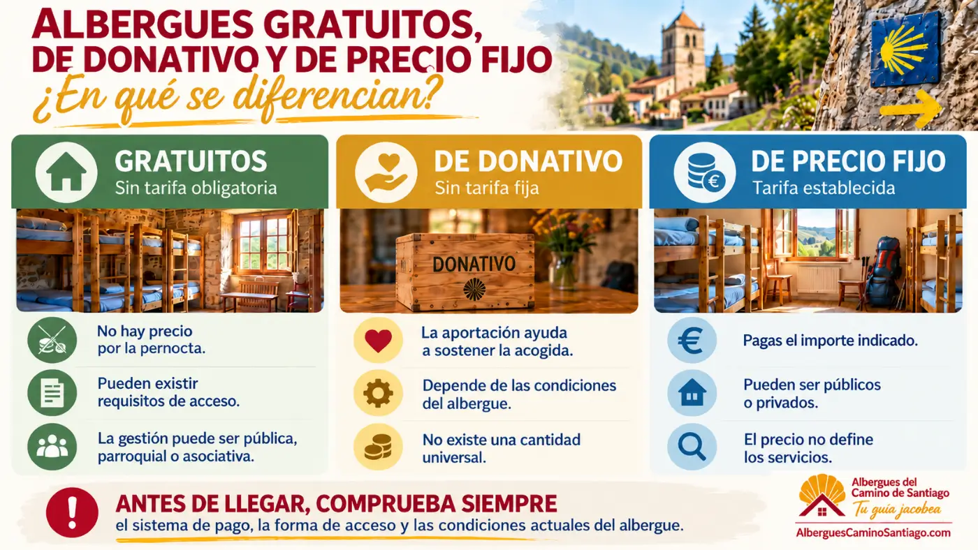 Infografía sobre las diferencias entre albergues gratuitos, de donativo y de precio fijo en el Camino de Santiago