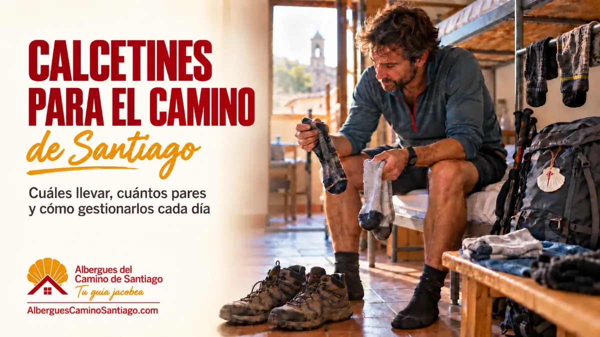 Peregrino preparando y secando calcetines en un albergue del Camino de Santiago