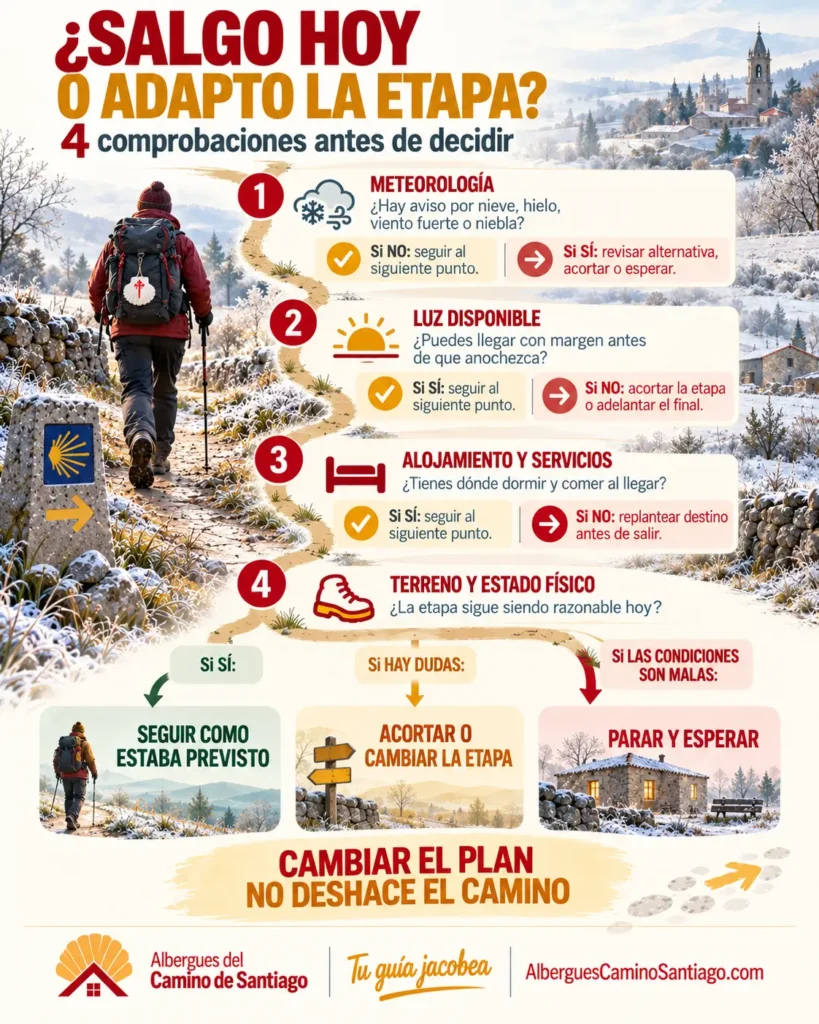 Camino de Santiago en invierno: cuándo adaptar una etapa Infografía con cuatro comprobaciones para decidir si continuar o adaptar una etapa del Camino de Santiago en invierno