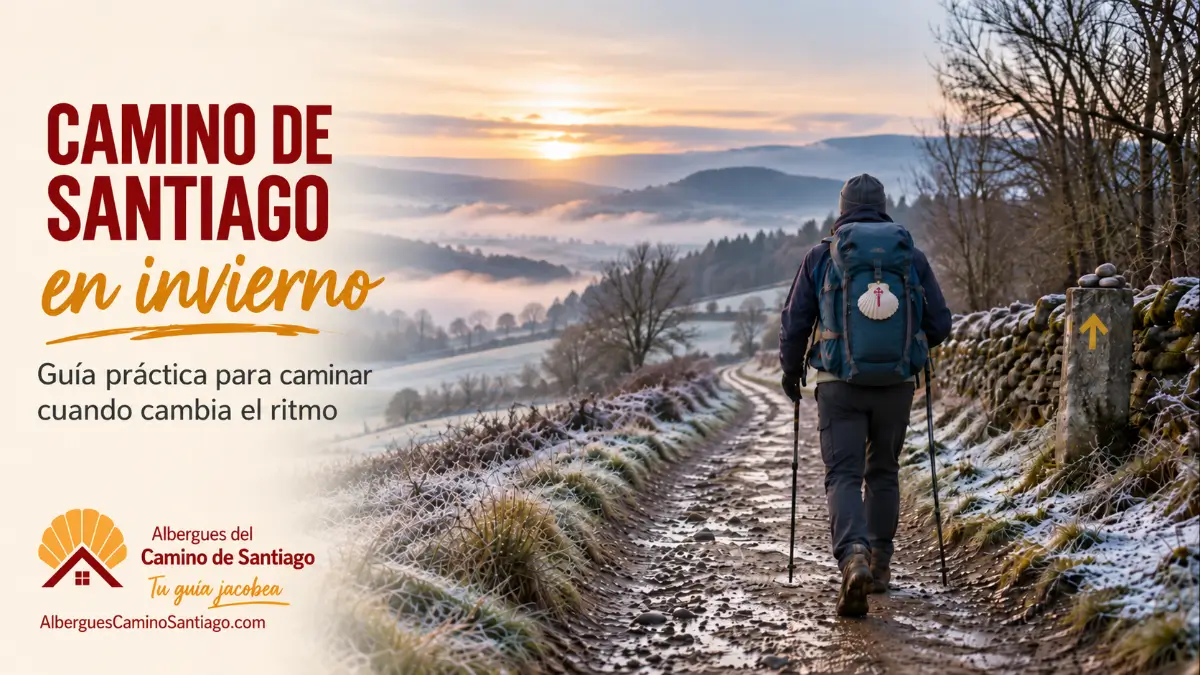 Peregrino caminando por el Camino de Santiago en una mañana de invierno