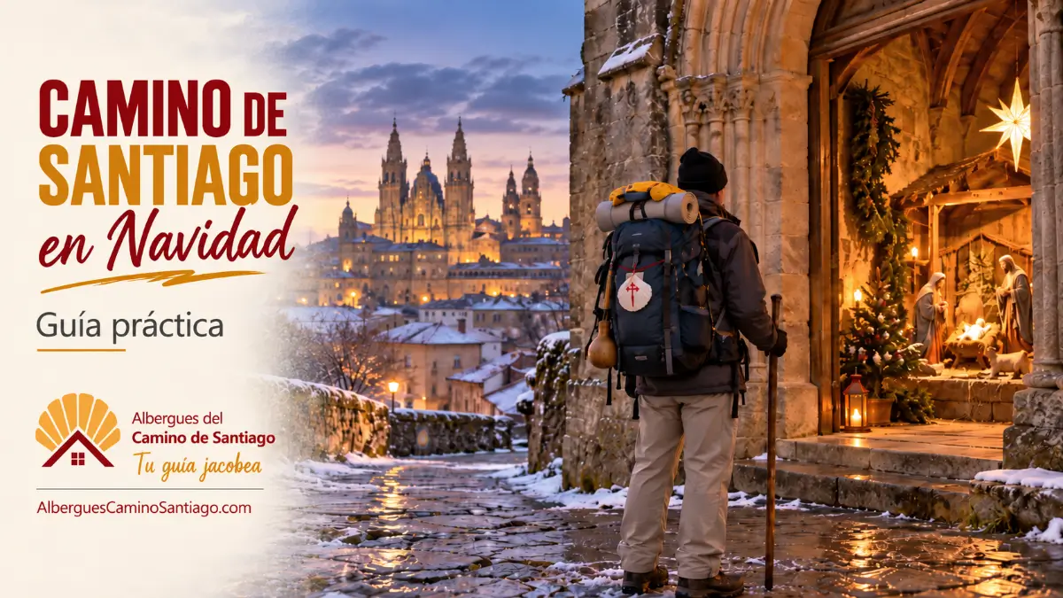 Peregrino ante un Nacimiento con la Catedral de Santiago al fondo en Navidad