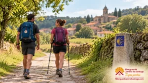 Dos peregrinos caminando por el Camino de Santiago con mochilas y bastones