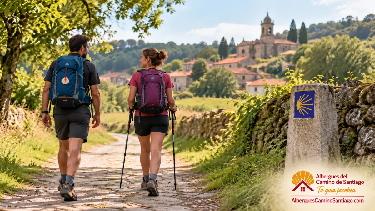 Dos peregrinos caminando por el Camino de Santiago con mochilas y bastones