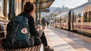 Peregrina con mochila y vieira esperando un tren antes de iniciar el Camino de Santiago