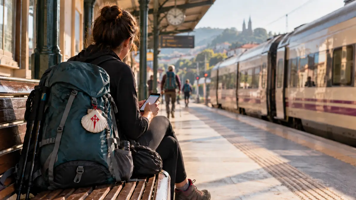 Peregrina con mochila y vieira esperando un tren antes de iniciar el Camino de Santiago