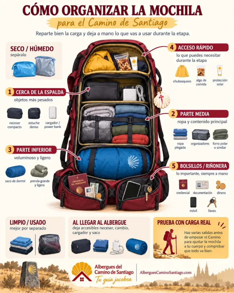 Infografía sobre cómo organizar la mochila para el Camino de Santiago