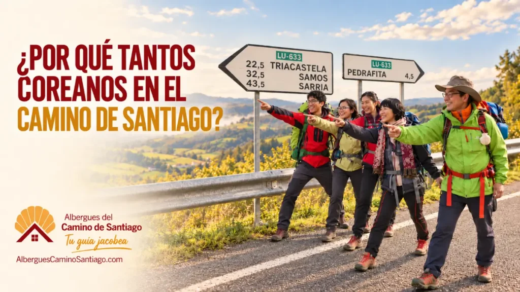 Peregrinos coreanos en el Camino de Santiago junto a señales hacia Triacastela, Samos y Sarria
